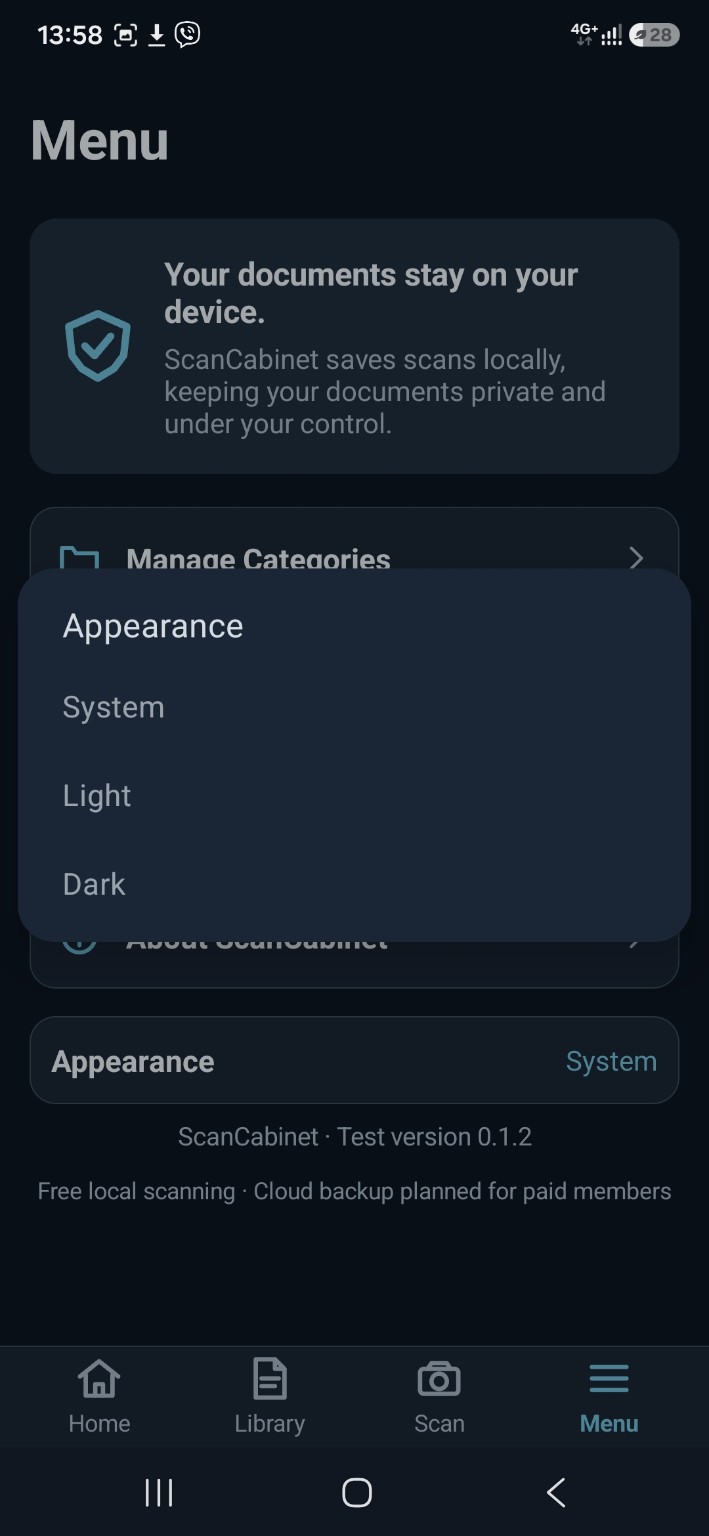 Actual ScanCabinet dark appearance screenshot with the System, Light and Dark options