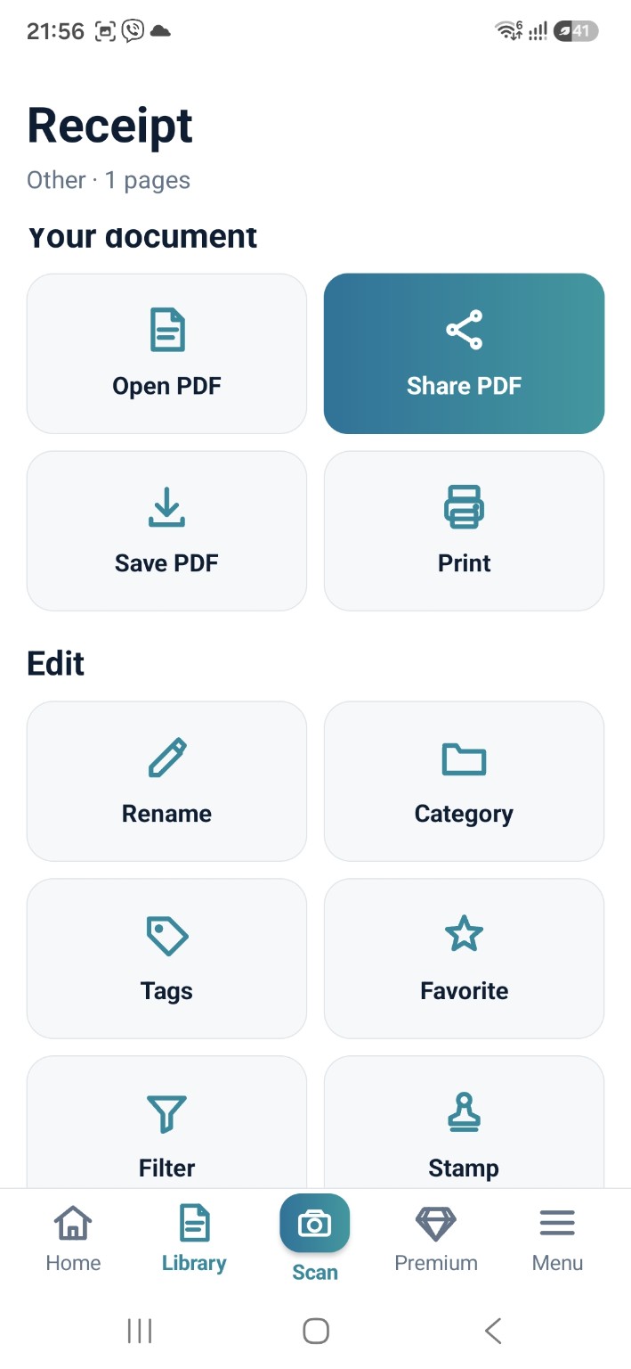ScanCabinet document screen with PDF open, share, save, print, rename, categories, tags, favourites, filters and stamps