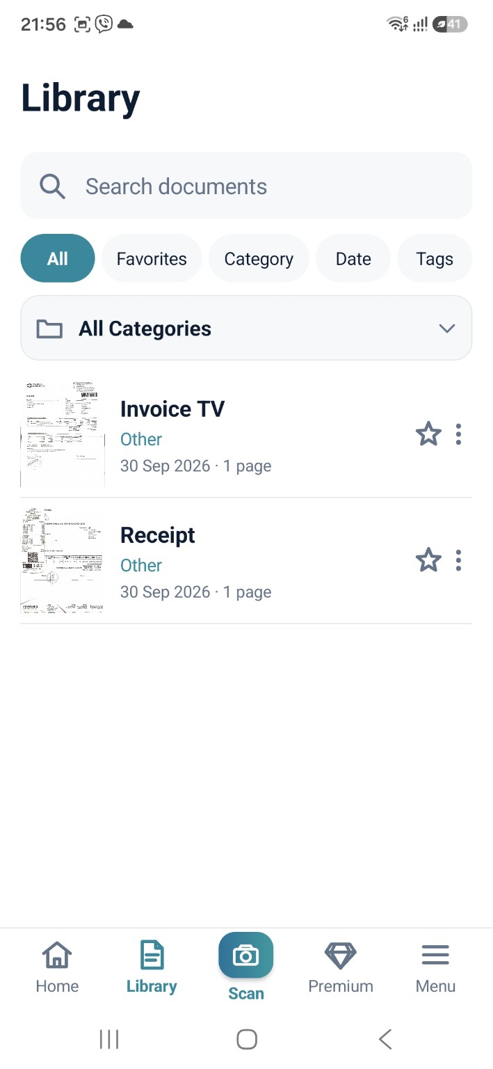 ScanCabinet Library showing Invoice TV and Receipt with search, favourites, category, date and tag filters