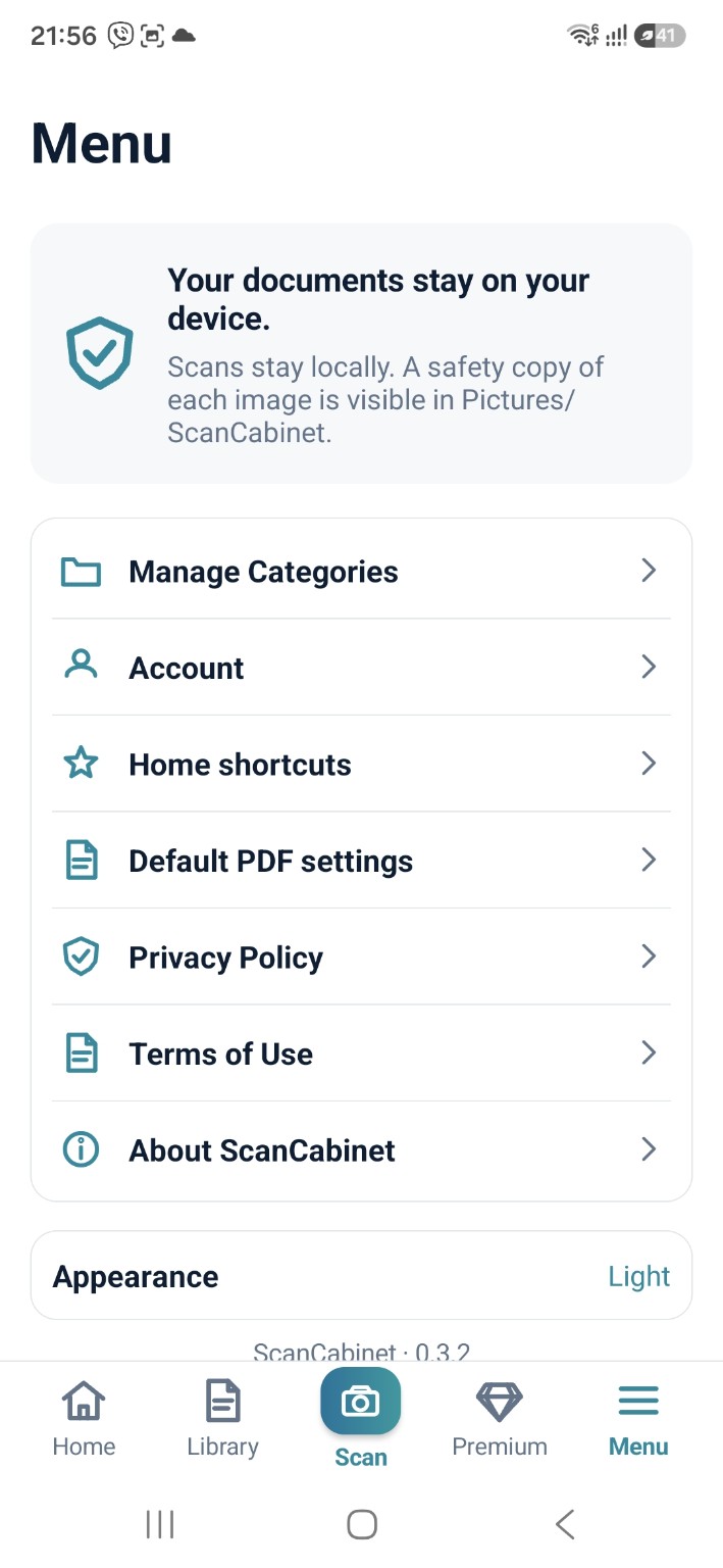 ScanCabinet Menu with local privacy, categories, account, home shortcuts, PDF settings and appearance