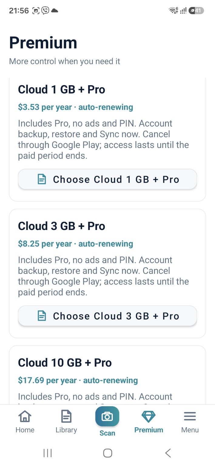 ScanCabinet Premium screen showing annual Cloud 1 GB, 3 GB and 10 GB plus Pro plans with localized checkout prices